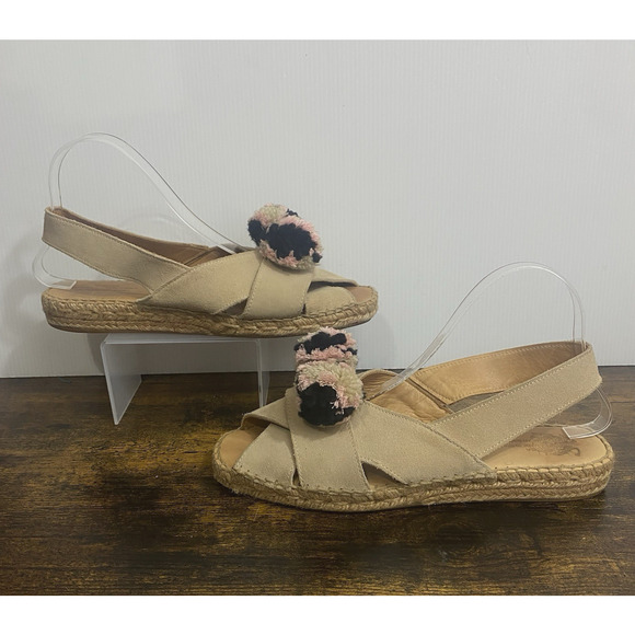 Naguisa Espadrille Peep Toe Sandals Sz 11 Beige‎ Pom Poms Ankle Strap - Picture 4 of 11